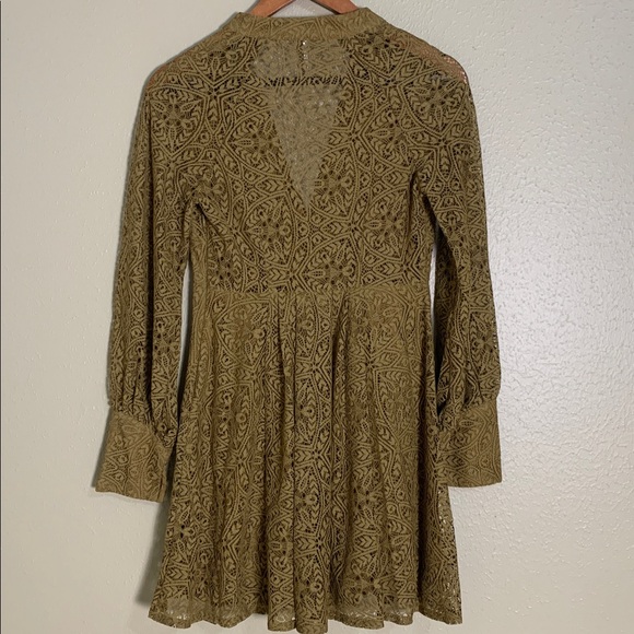 Free People Women’s Uptown Mini Dress Lace V-Neck Long Sleeve Olive‎ Boho Size 0 - Picture 7 of 10